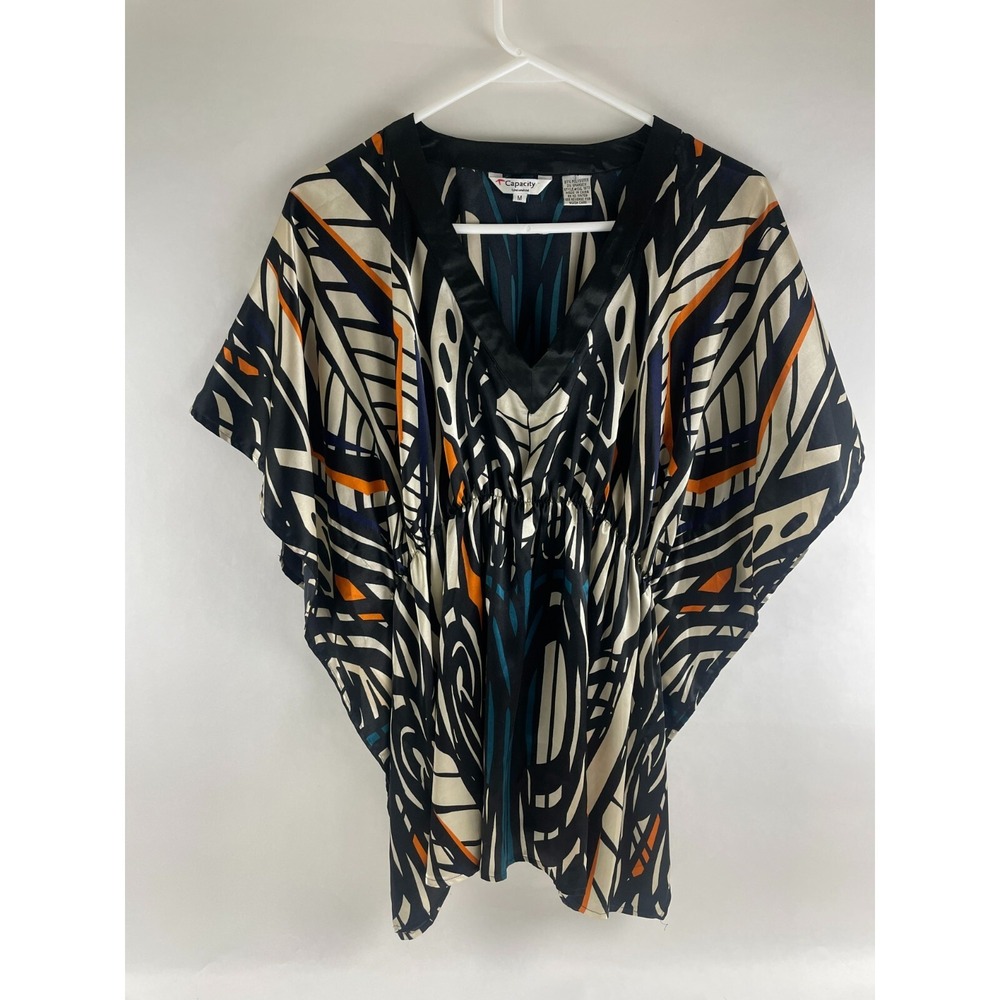 Capacity Unlimited Shirt Women's Size Medium Black Tan Geometric Silky V-Neck